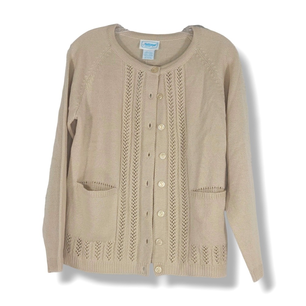 National Pointelle Knit Cardigan Button Front Pockets Beige Petite Small PS NWT